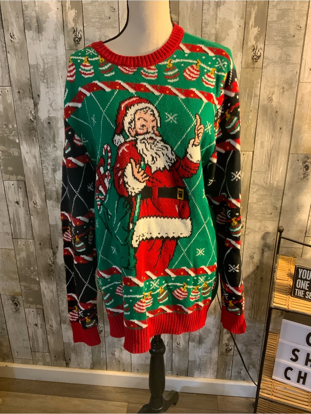 Ugly Christmas Sweater Green Red Santa Crewneck - Men